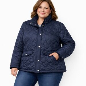 Lands' End Quilted Jacket Ultralight Packable Navy Snap Front Womens L (14-16)